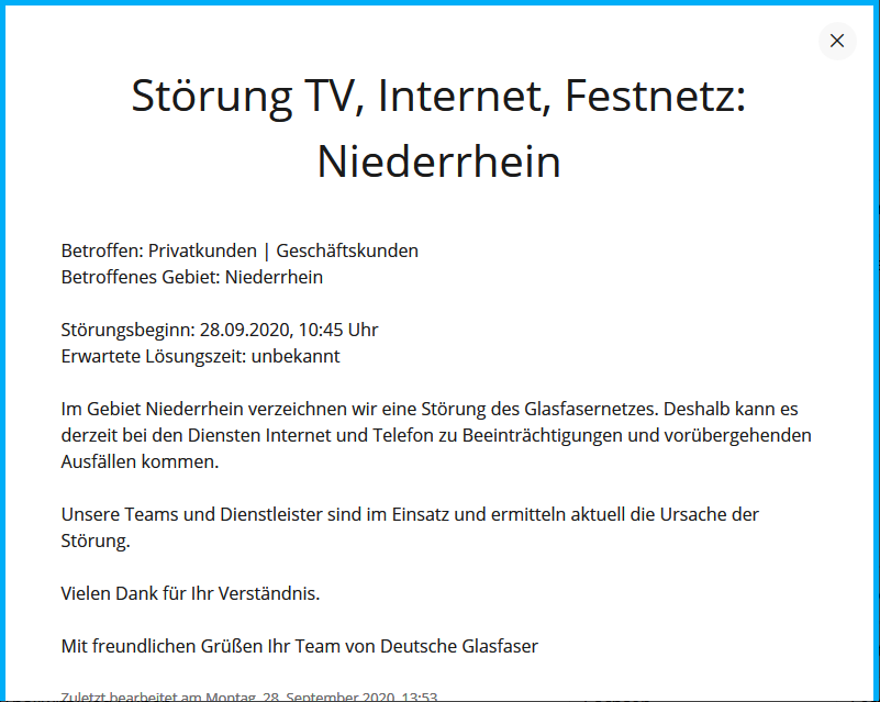 Glasfaser Stoerung 2020 Niederrhein
